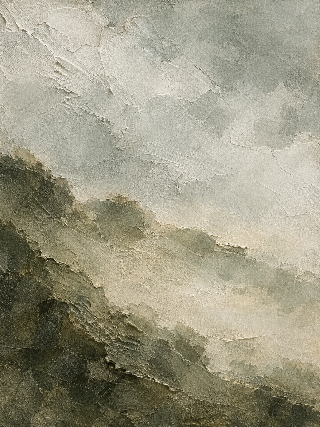 A worn edge where two coats meet in stone, sand, cream, charcoal; portrait artwork.