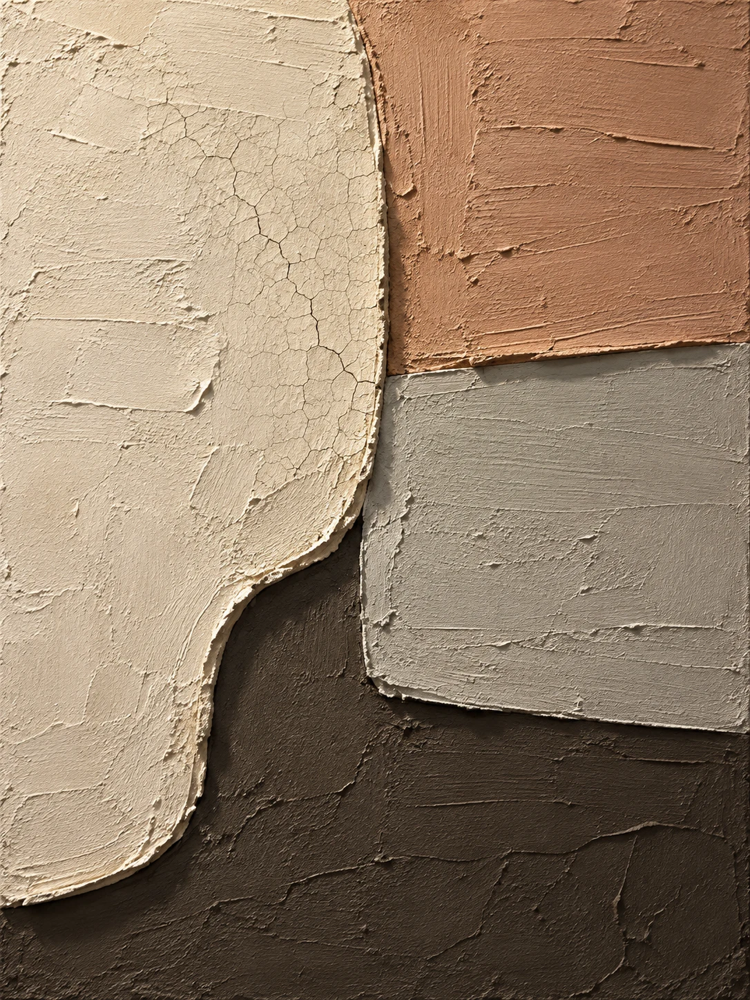 A patch of fine crazing in stone, taupe, charcoal, gray; portrait artwork.