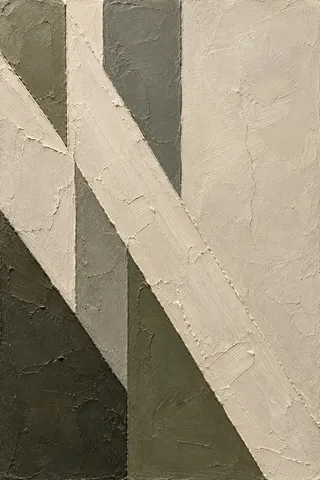 A single trowel sweep across the panel in stone, olive, charcoal, cream; portrait artwork.