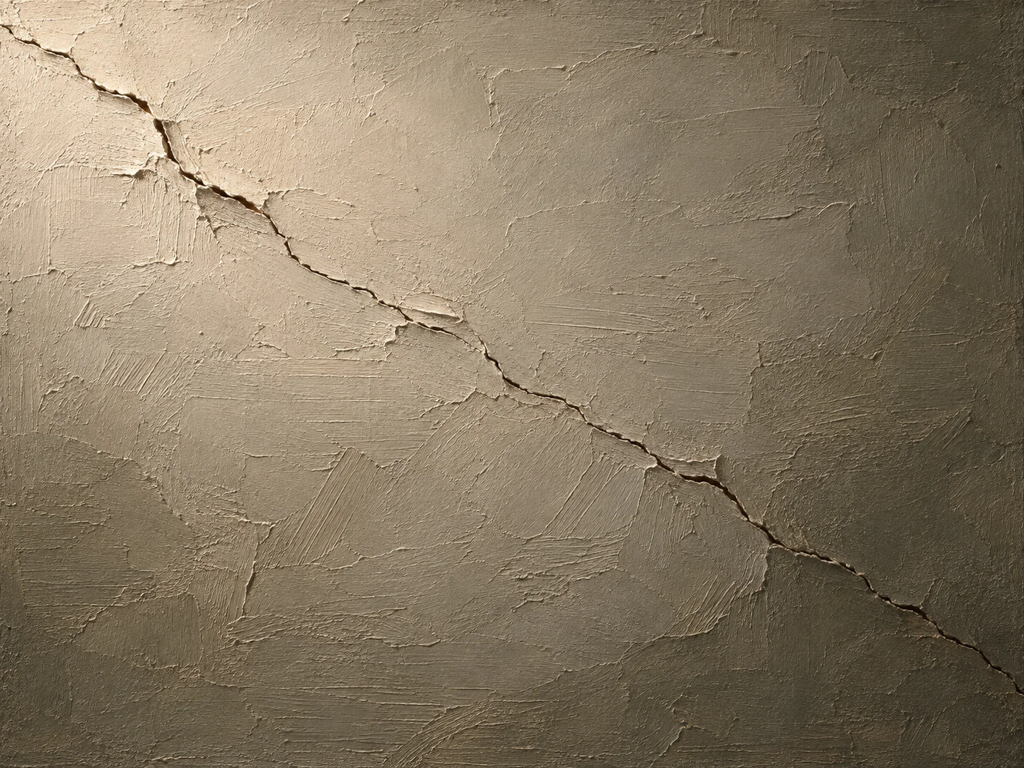 A hairline crack running off the edge in olive, sage, taupe, brown; landscape artwork.