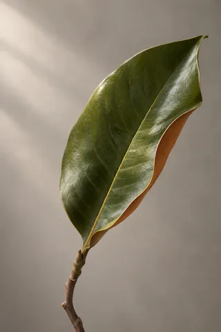 A glossy olive magnolia leaf turns to reveal a narrow warm-brown underside.