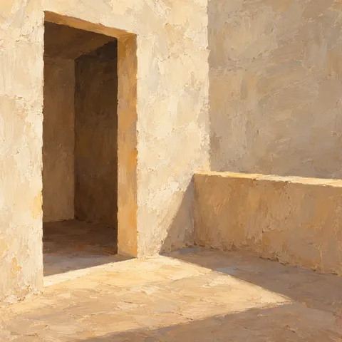 A shadowed doorway opens at the left of pale ochre courtyard walls, with broad sunlit paving and a low wall at the right.