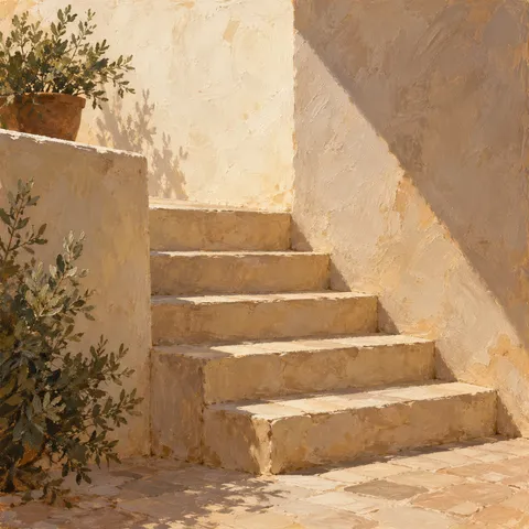 Five warm stone steps rise between textured courtyard walls, with olive foliage at the left and a diagonal shadow above.