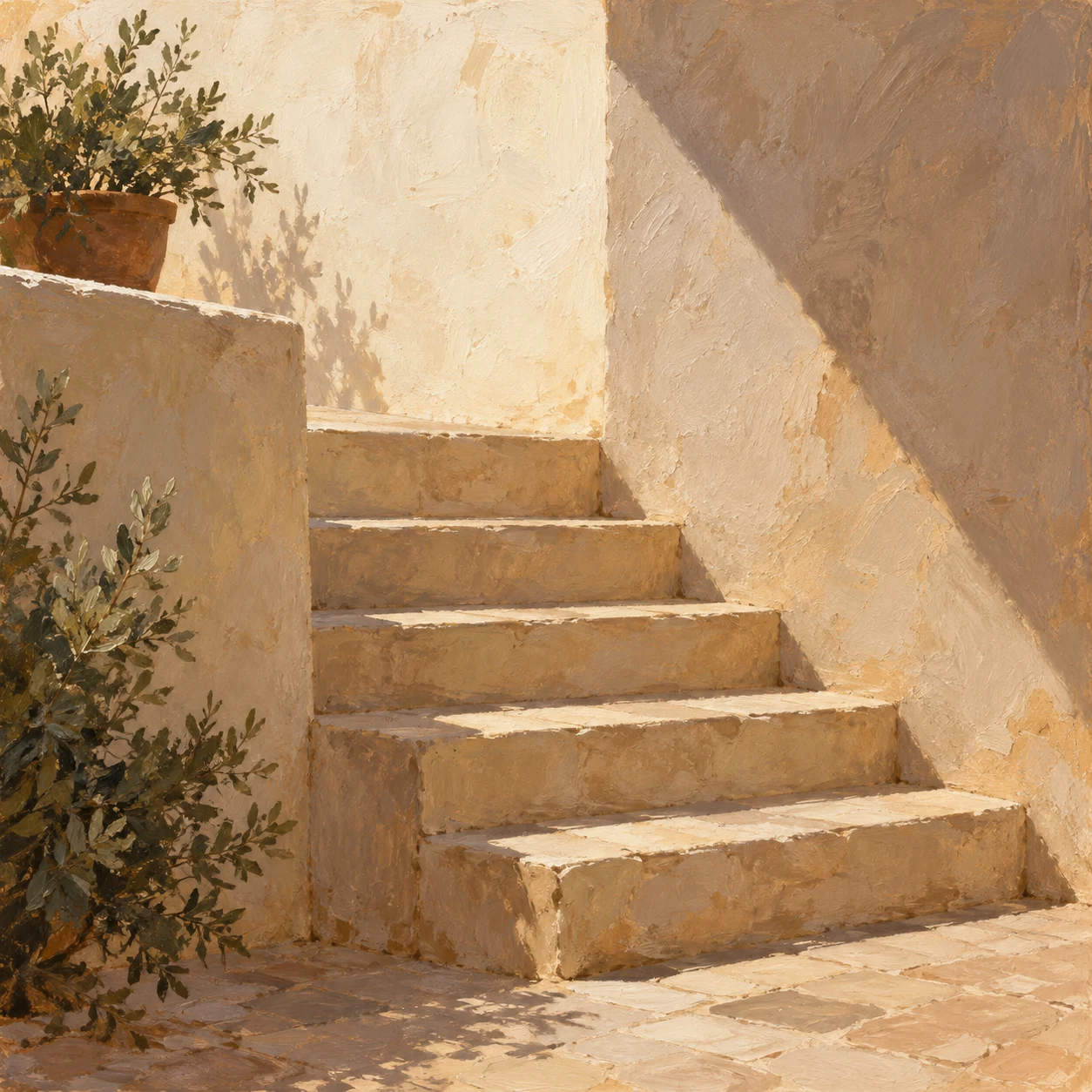 Five warm stone steps rise between textured courtyard walls, with olive foliage at the left and a diagonal shadow above.