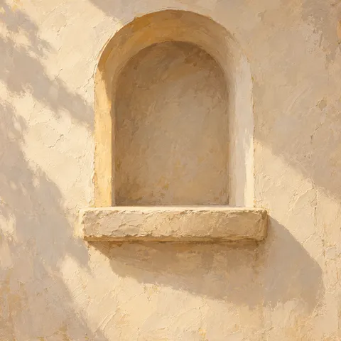 An empty arched niche and projecting sill catch warm light on a cream plaster wall, crossed by soft leaf shadows.