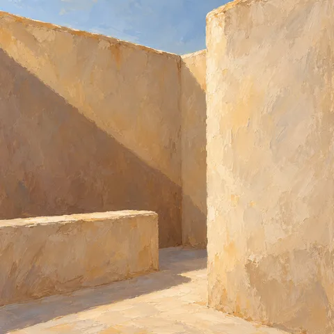 Sunlit ochre walls overlap around a quiet courtyard corner beneath a narrow opening of pale blue sky.