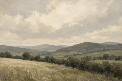 Soft olive-gray hills recede beneath a wide clouded sky, with pale grasses and a dark line of trees crossing the foreground.