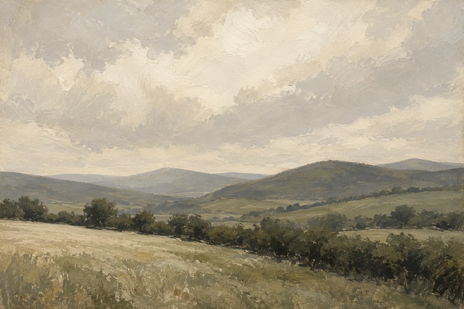 Soft olive-gray hills recede beneath a wide clouded sky, with pale grasses and a dark line of trees crossing the foreground.