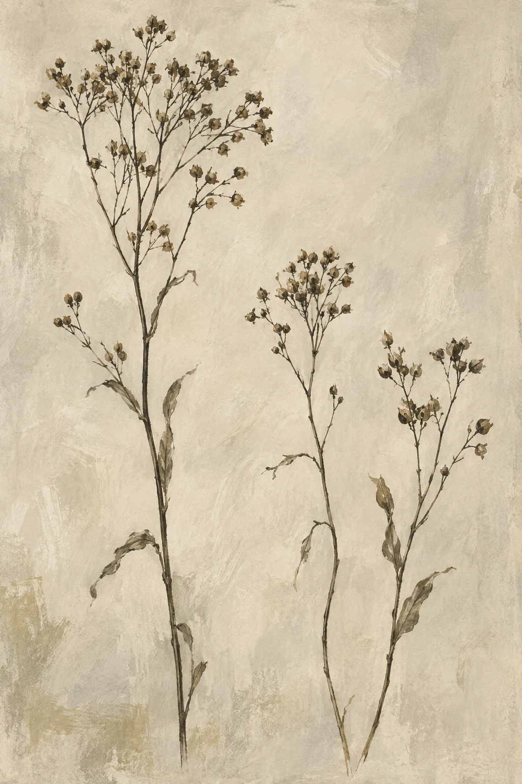 Three dried branching stems rise at unequal heights across a warm chalk-colored painted ground.