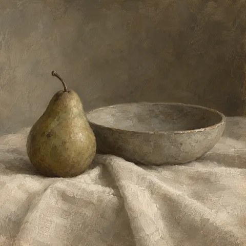 A muted green pear sits beside a shallow gray dish on loosely folded cream cloth against a soft brown ground.