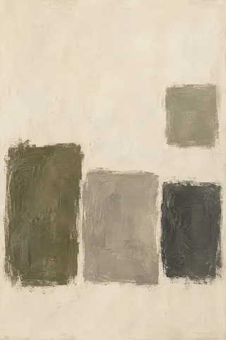 Three broad painted blocks in olive, stone and charcoal sit low on an ivory ground, with a smaller gray block above at the right.