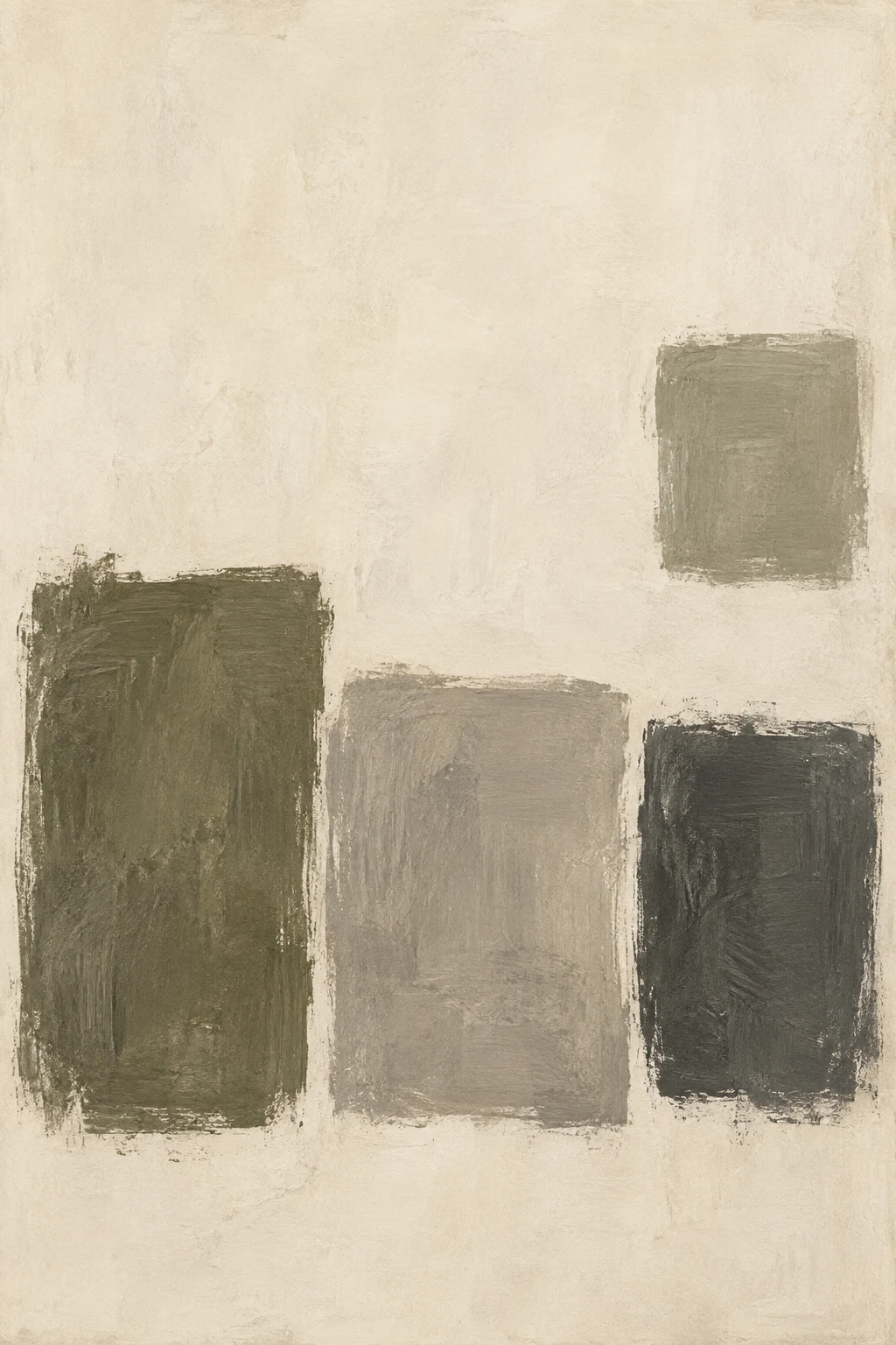 Three broad painted blocks in olive, stone and charcoal sit low on an ivory ground, with a smaller gray block above at the right.