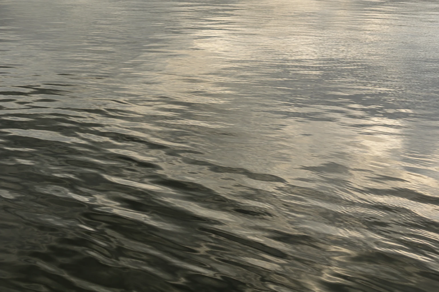 Fine silver-gray ripples cross quiet water, with a darker diagonal band in the lower left and pale reflected light above.