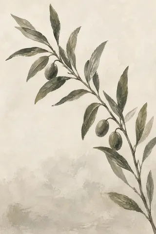 A painted olive branch curves upward from the lower right across a warm ivory ground, carrying narrow leaves and three green olives.