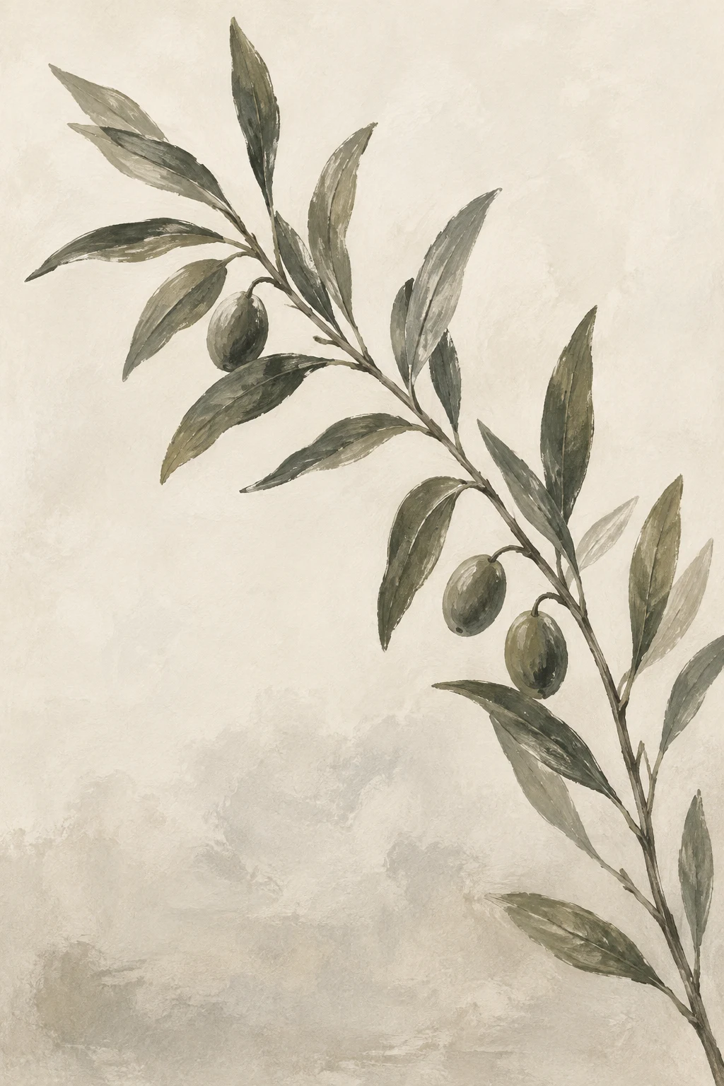 A painted olive branch curves upward from the lower right across a warm ivory ground, carrying narrow leaves and three green olives.