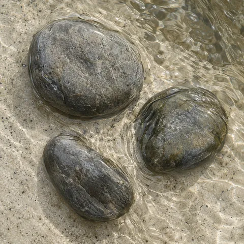 Three unequal gray stones sit in clear shallow water over pale sand, surrounded by small moving reflections.
