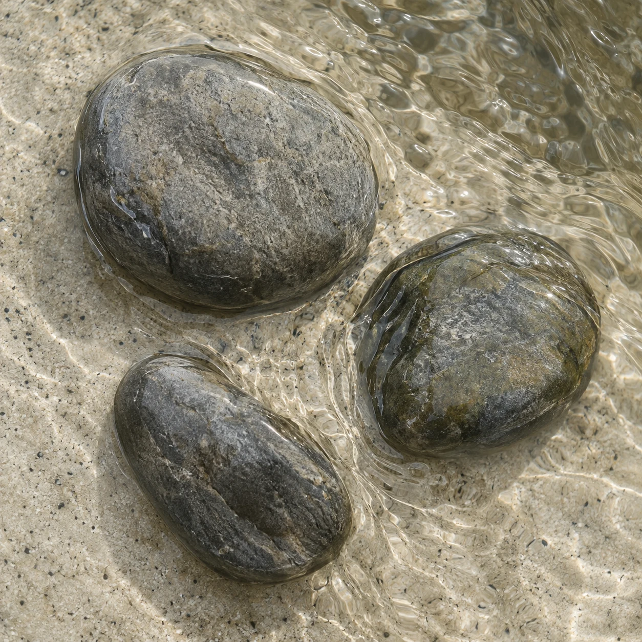 Three unequal gray stones sit in clear shallow water over pale sand, surrounded by small moving reflections.