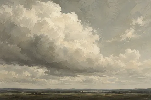 A broad cream cloud rises above a low dark plain, its gray underside spreading across a softly painted sky.