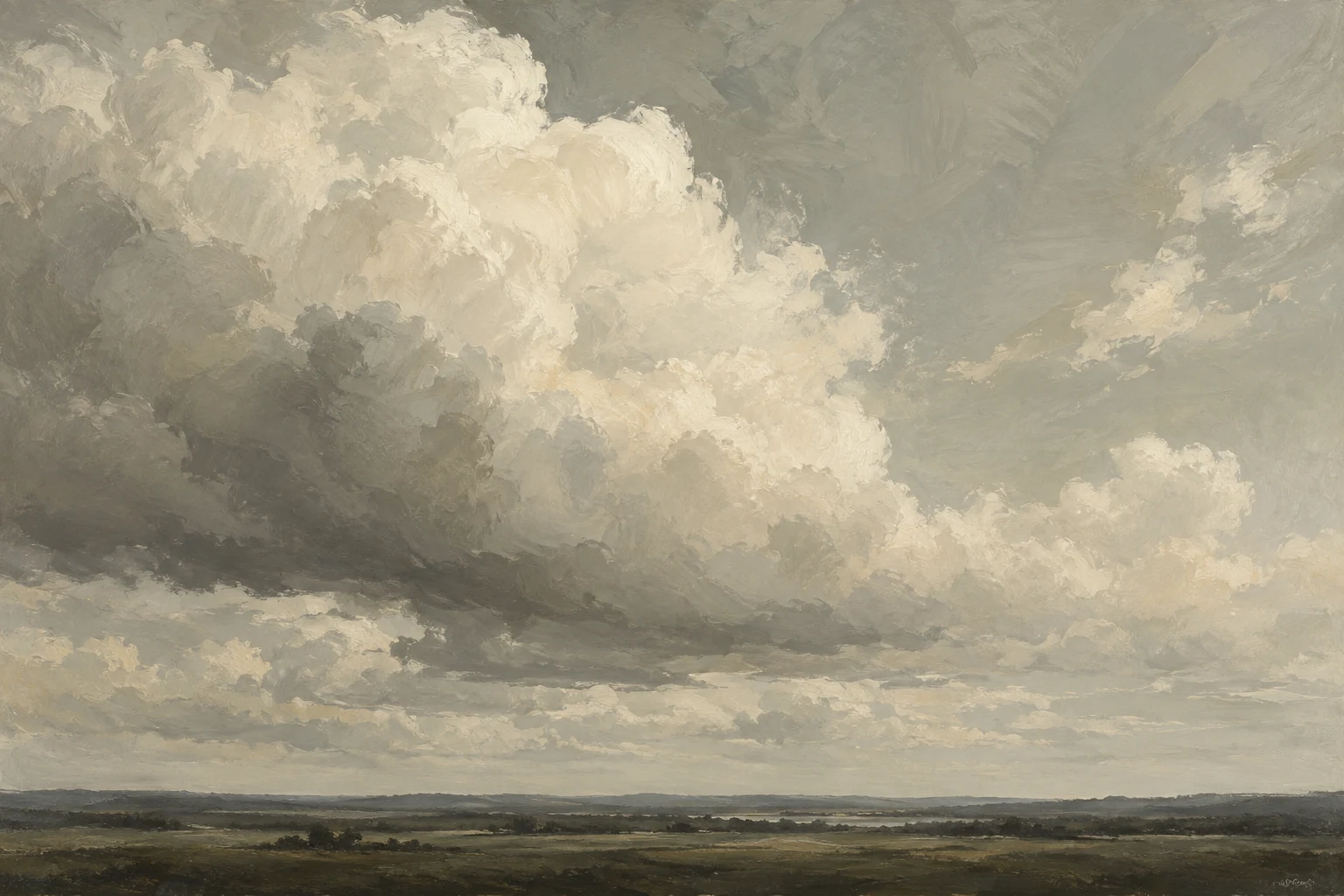 A broad cream cloud rises above a low dark plain, its gray underside spreading across a softly painted sky.