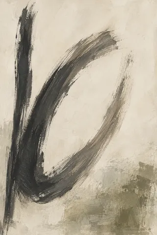 A tall charcoal brushstroke meets a broad open curve on warm ivory, with a muted olive-gray patch at the lower right.