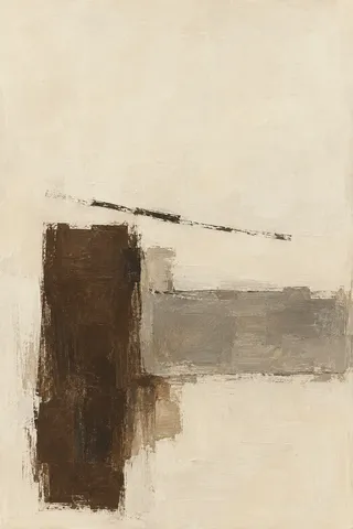 An umber vertical form meets a shorter gray block beneath a thin charcoal stroke on warm ivory.