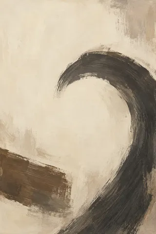 An open charcoal arc sweeps around warm ivory space above a short umber gesture.