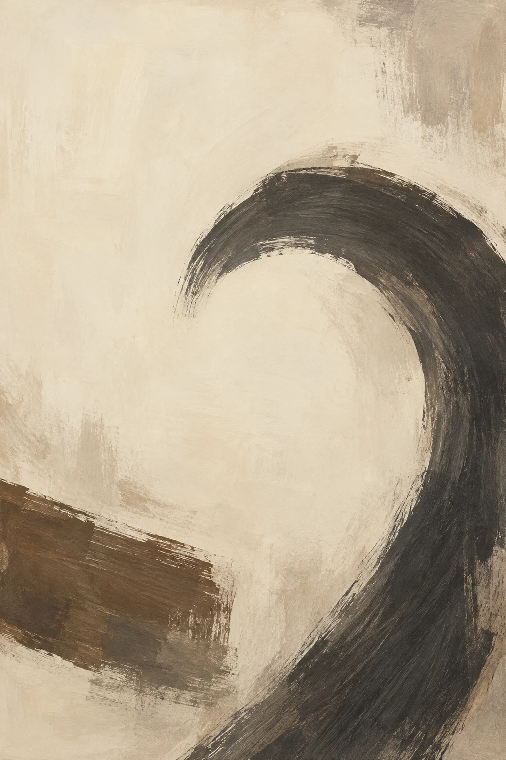 An open charcoal arc sweeps around warm ivory space above a short umber gesture.