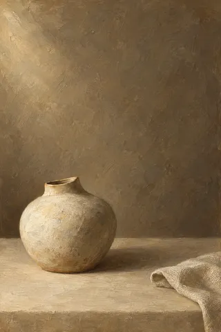 A rounded cream vessel sits low on an oat-colored table, with a folded linen edge at the right and an open umber background.