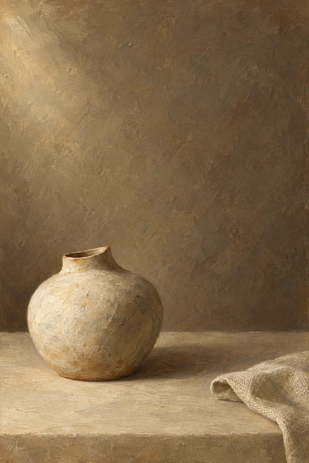A rounded cream vessel sits low on an oat-colored table, with a folded linen edge at the right and an open umber background.