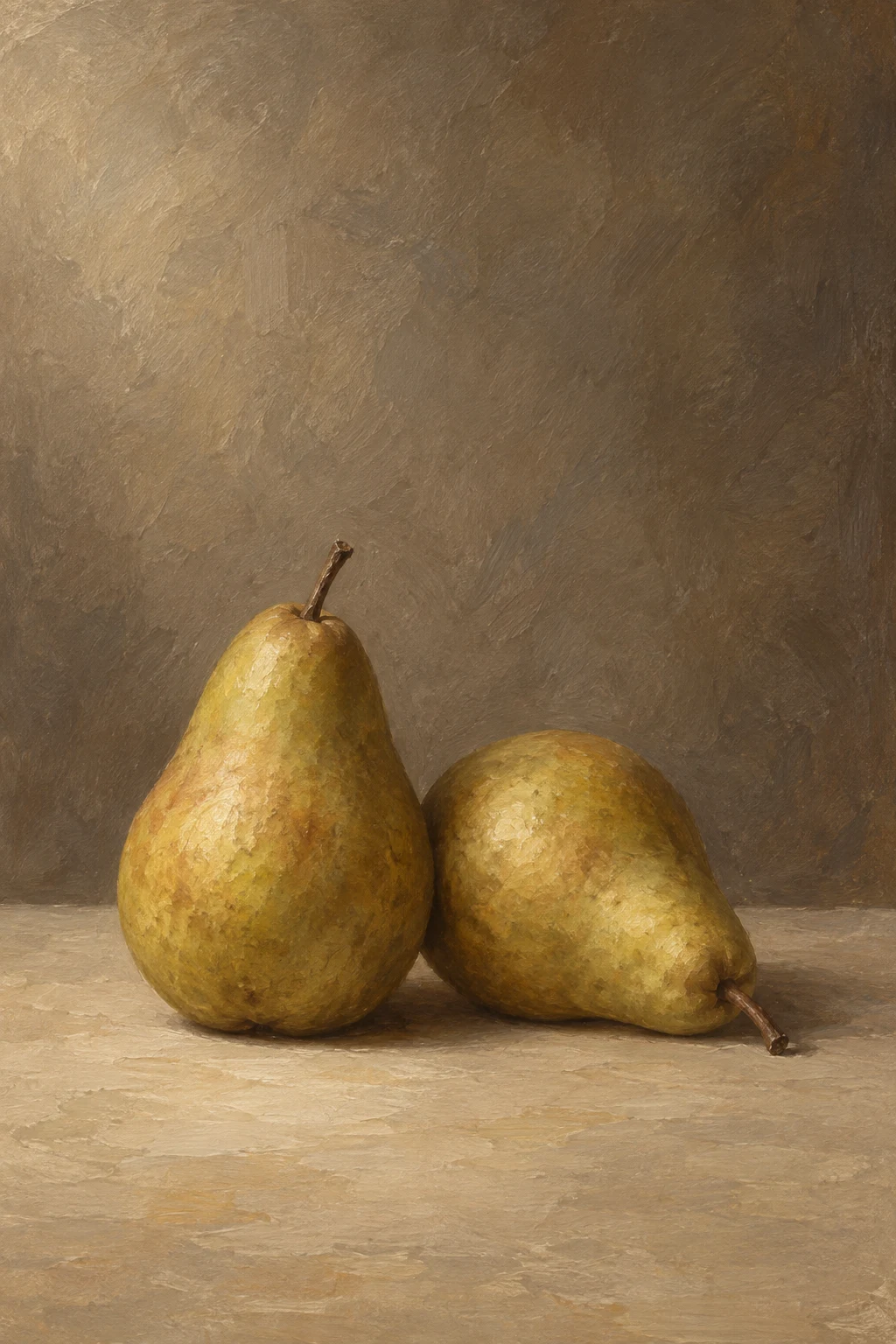 Two ochre-green pears rest together against a warm umber ground, one upright and the other lying on its side.