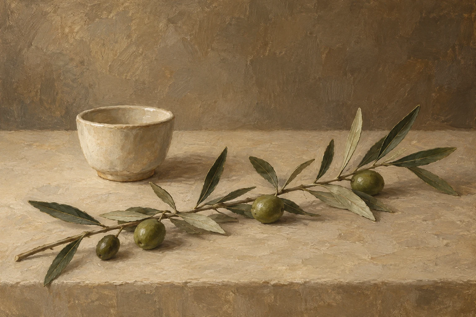 An olive branch with green fruit crosses a pale tabletop diagonally below a small cream cup.