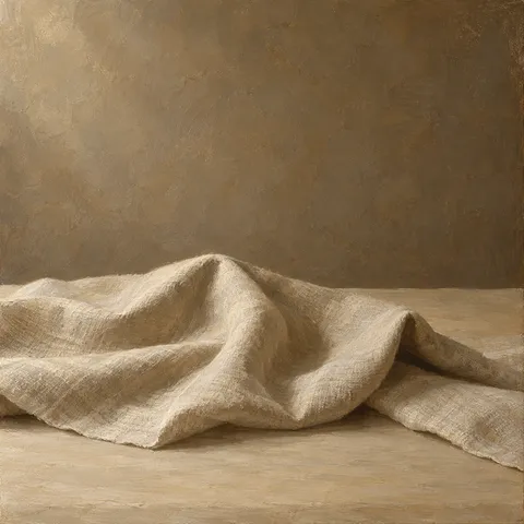 Loose folds of cream linen rise and fall across the lower half of an oat tabletop beneath a broad brown background.