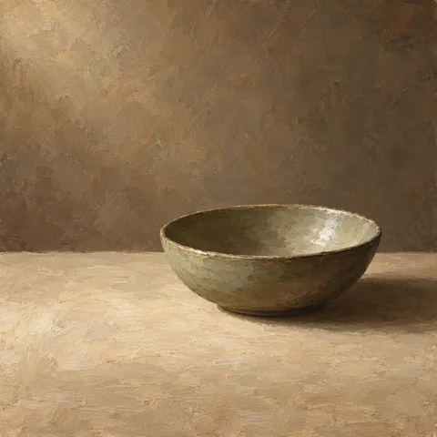 An empty olive-gray ceramic bowl rests to the right on a pale tabletop, catching a soft highlight around its rim.