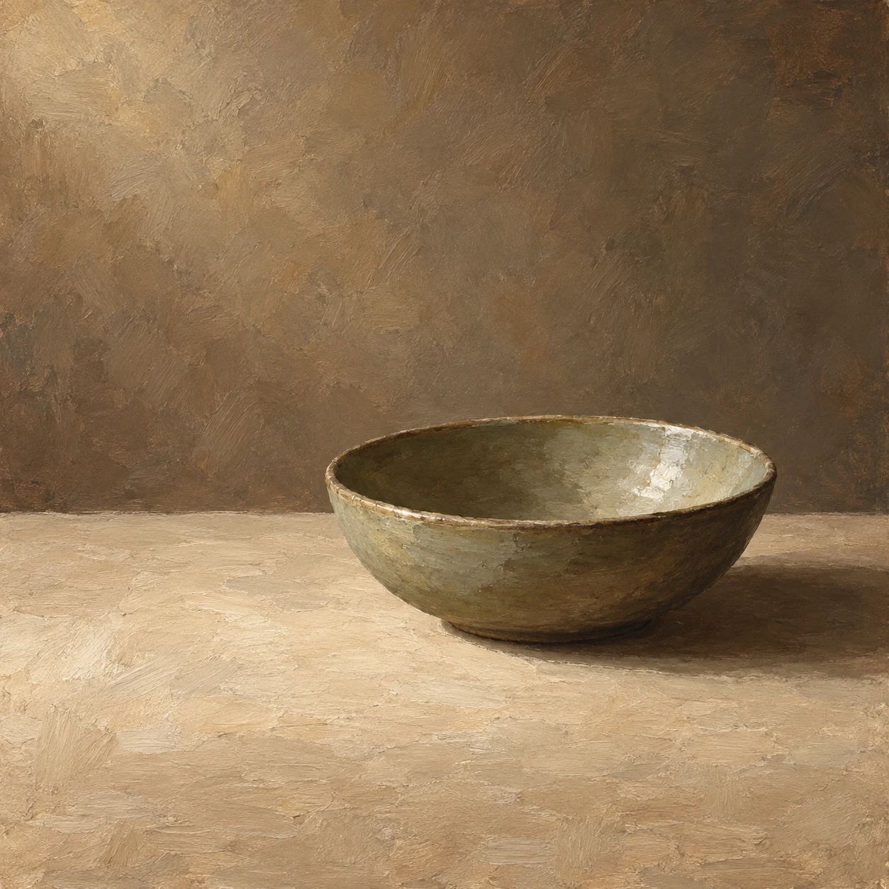 An empty olive-gray ceramic bowl rests to the right on a pale tabletop, catching a soft highlight around its rim.